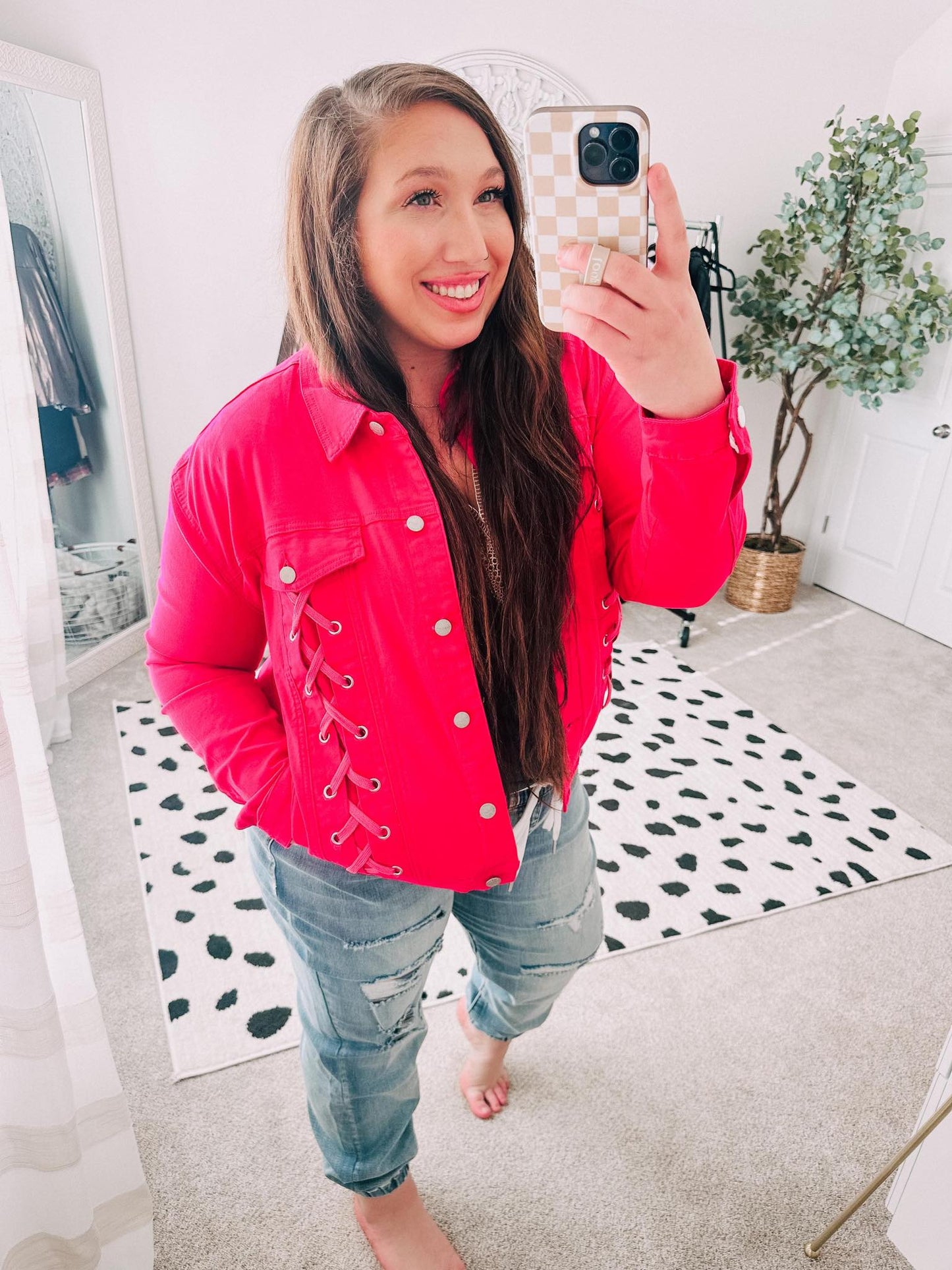 Magenta Pink Denim Jacket with Laced Up Design