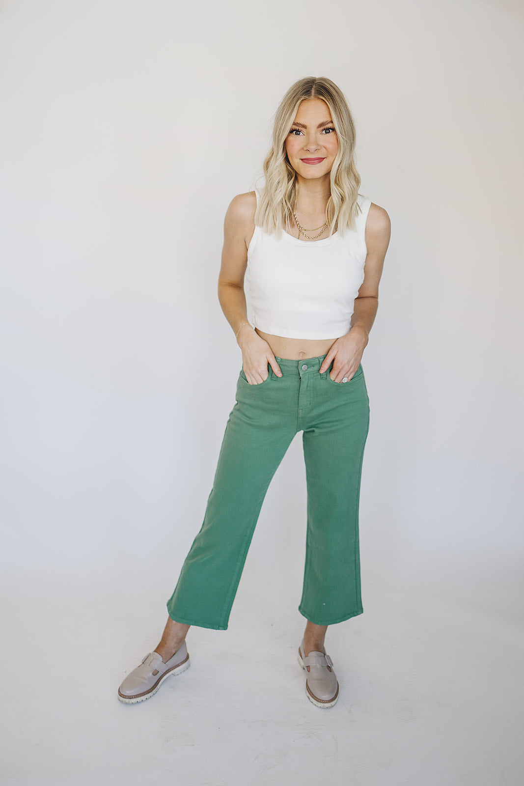 [PREORDER] Garment-Dyed Non-Distressed Cropped Wide Leg Jeans - Green