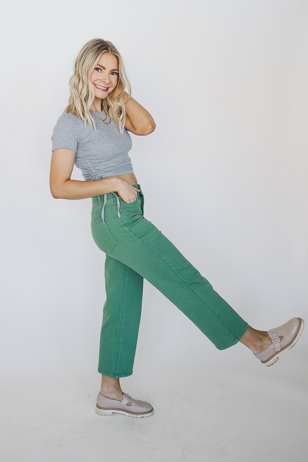 [PREORDER] Garment-Dyed Non-Distressed Cropped Wide Leg Jeans - Green