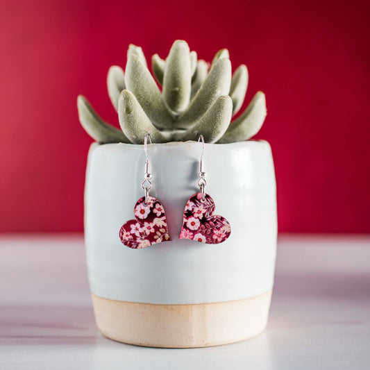 Pink Mirror Floral Petite Heart Dangles - Valentine Earrings