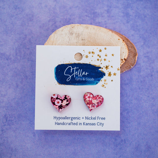 Pink Mirror Floral Heart Studs - Valentine Earrings