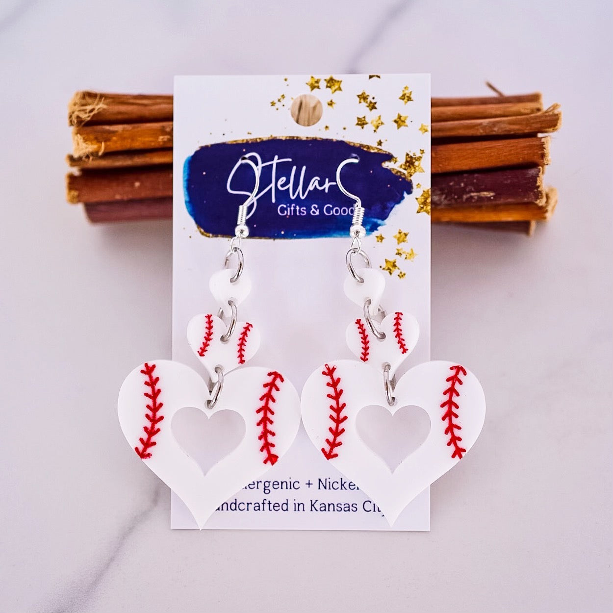 Hand Painted Baseball Heart Drop Dangle Earrings