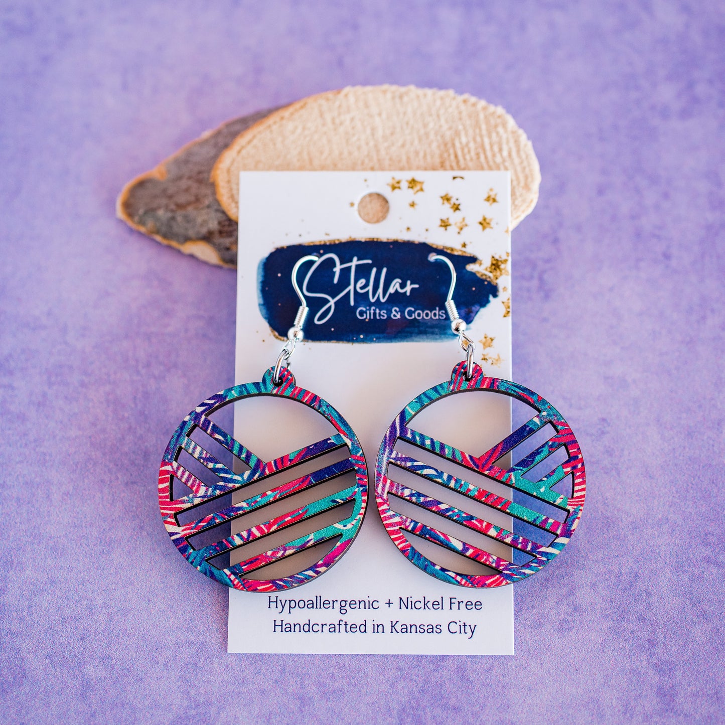 Colorful Palm Leaf Striped Geometric Circle Dangle Earrings
