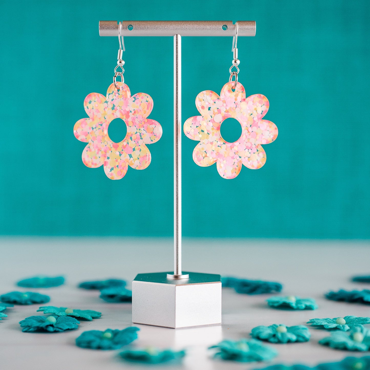 Medium Pink & Yellow Confetti Daisy Dangle Earrings