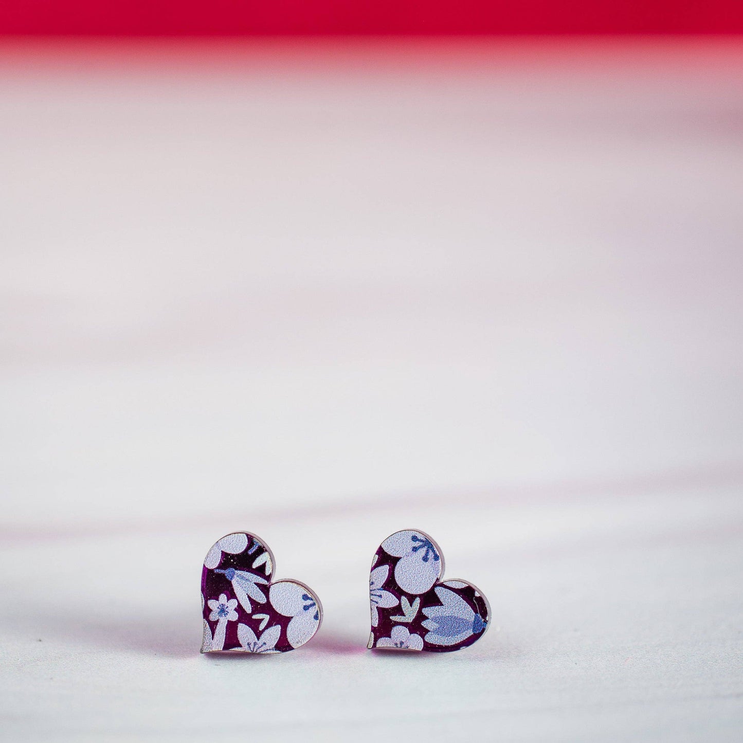 Purple Mirror Floral Heart Studs - Valentine Earrings