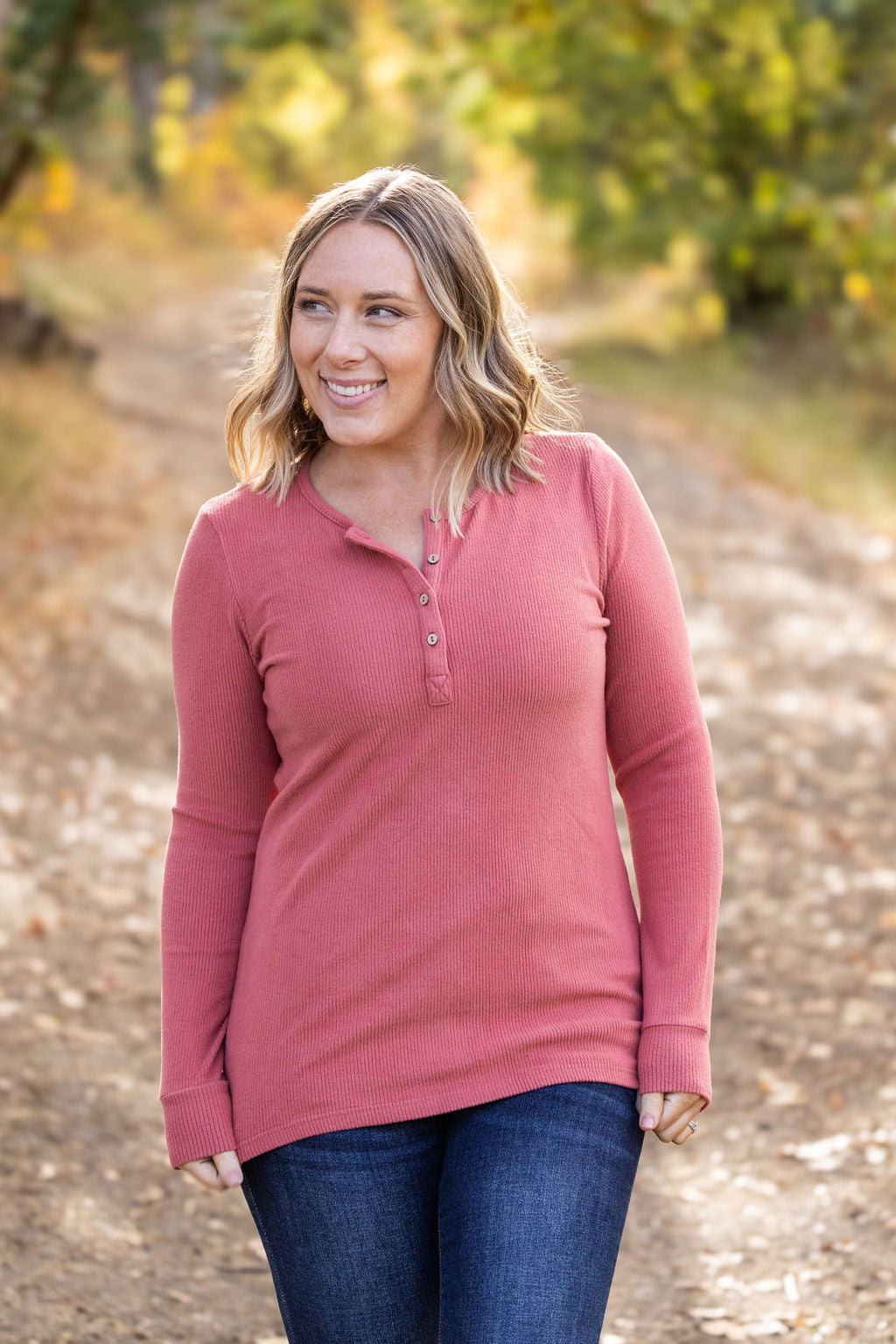 Brielle Henley Ribbed Long Sleeve - Terra Cotta