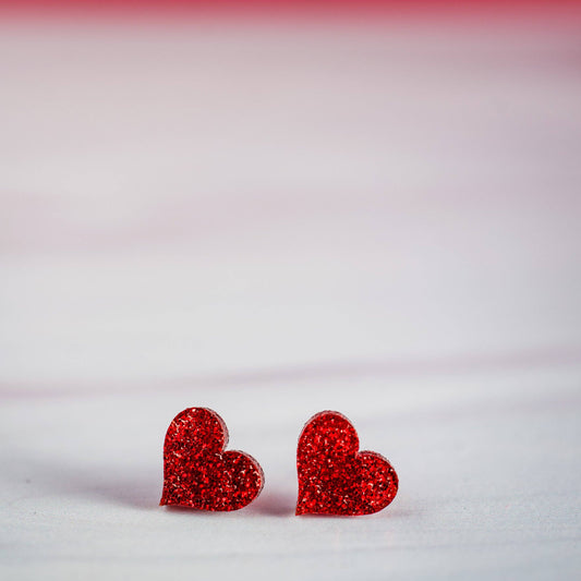 Red Glitter Heart Studs - Valentine Earrings