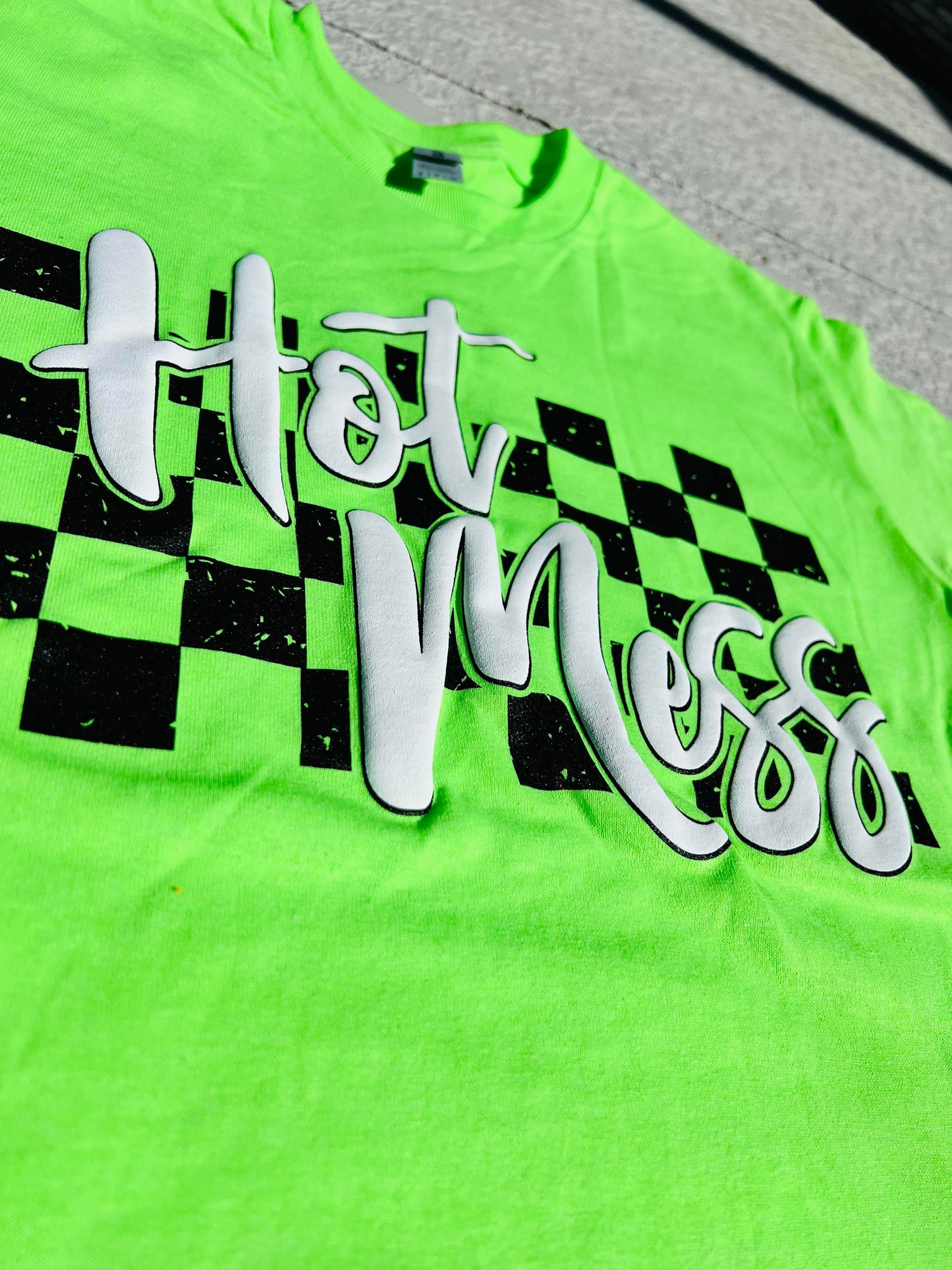 Hot Mess Checkered Graphic Tee (Neon Green)