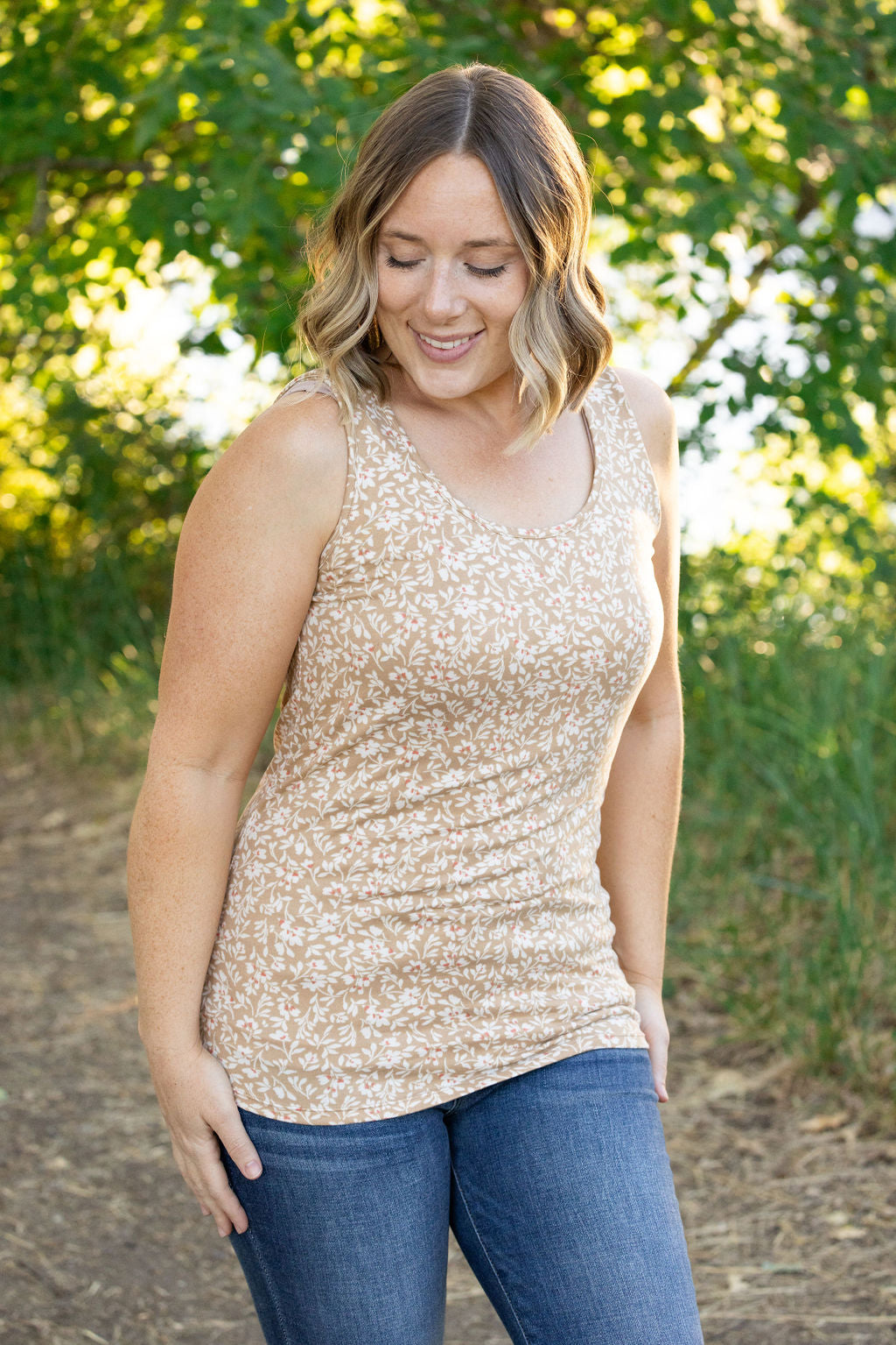 Luxe Crew Tank - Tan Floral