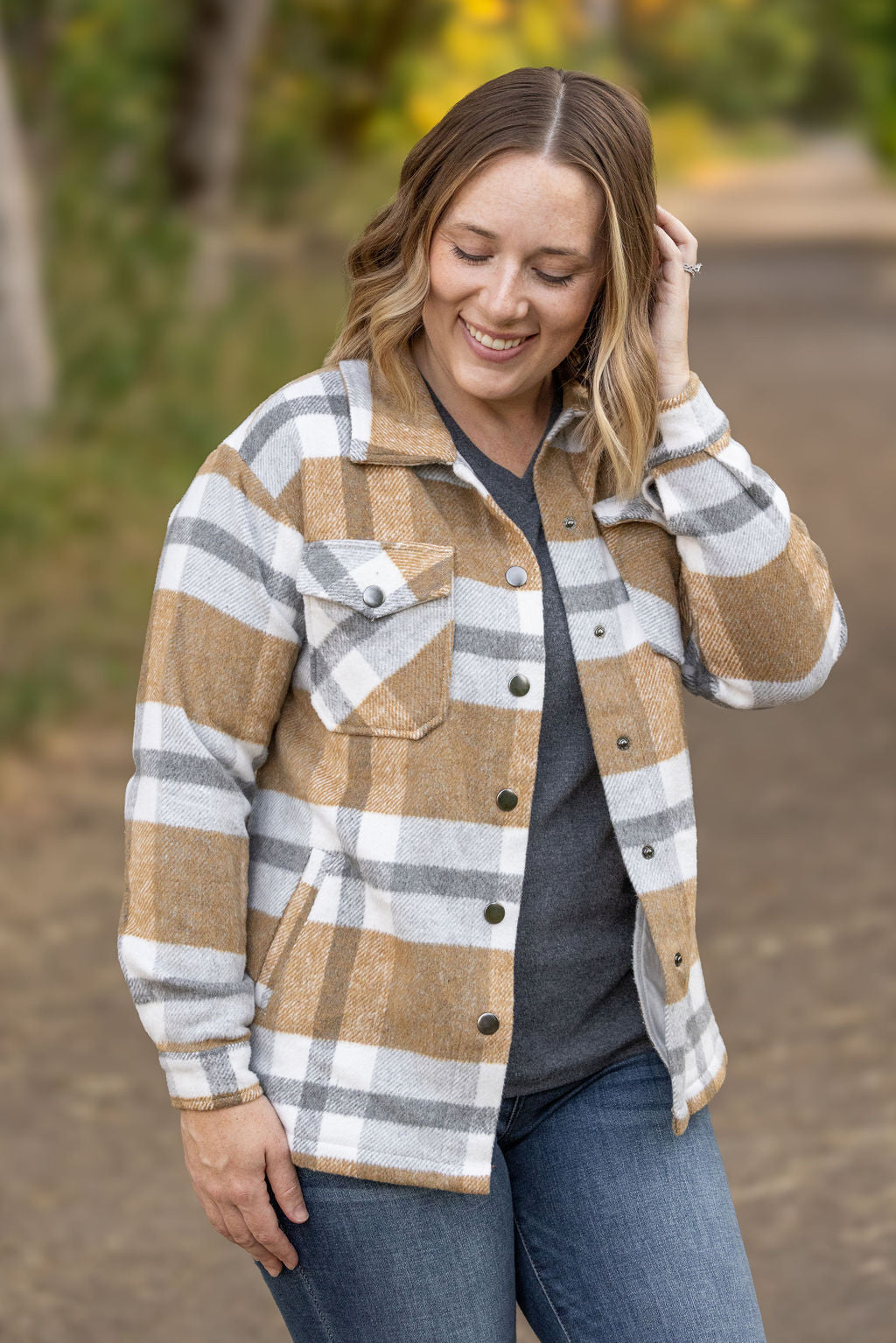 Norah Plaid Shacket - Camel and Grey