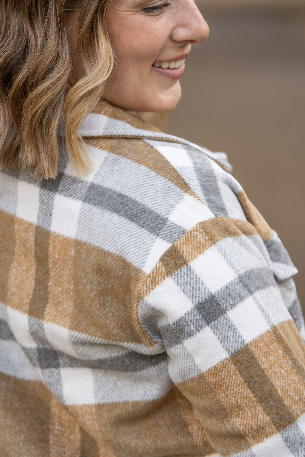 Norah Plaid Shacket - Camel and Grey