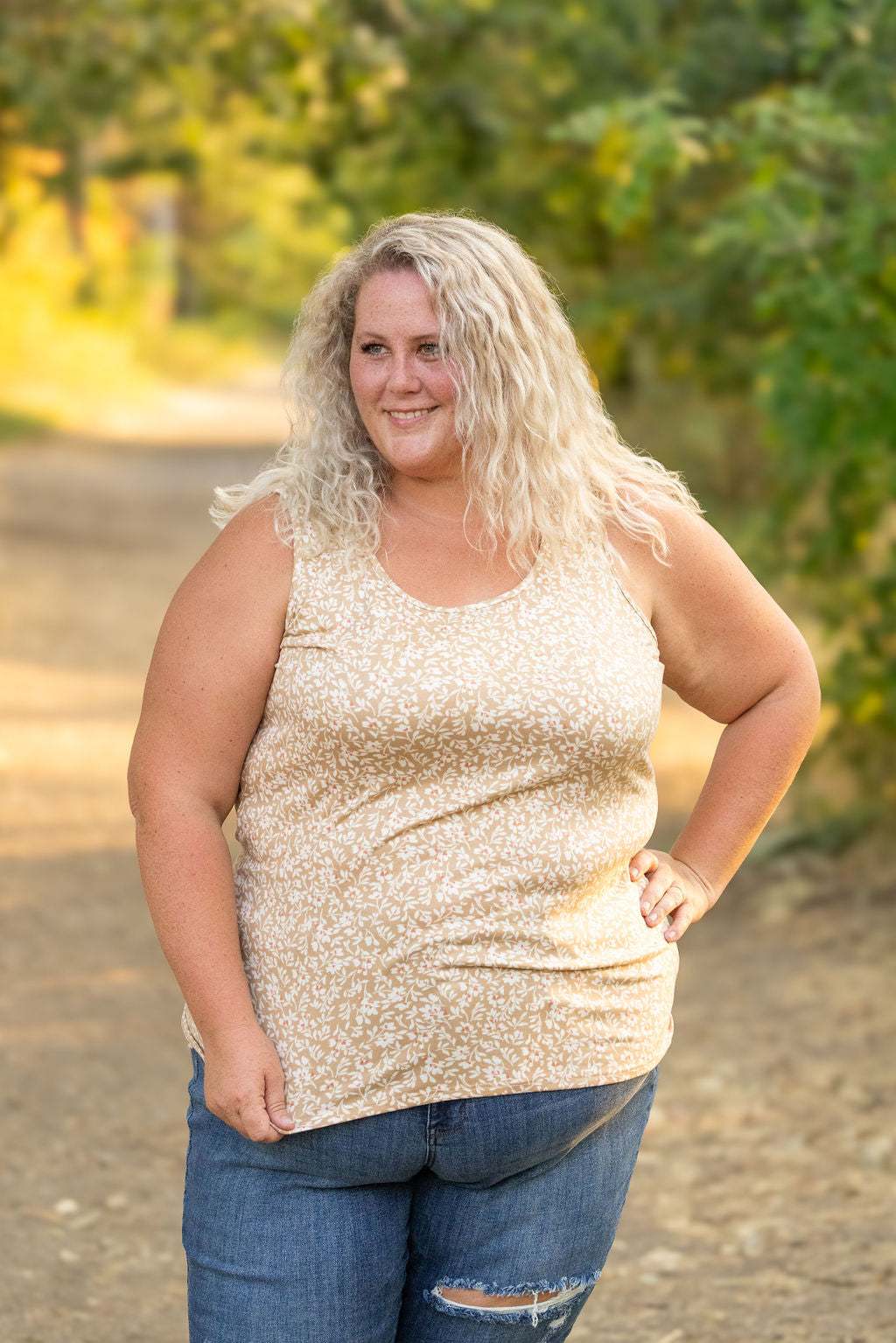 Luxe Crew Tank - Tan Floral