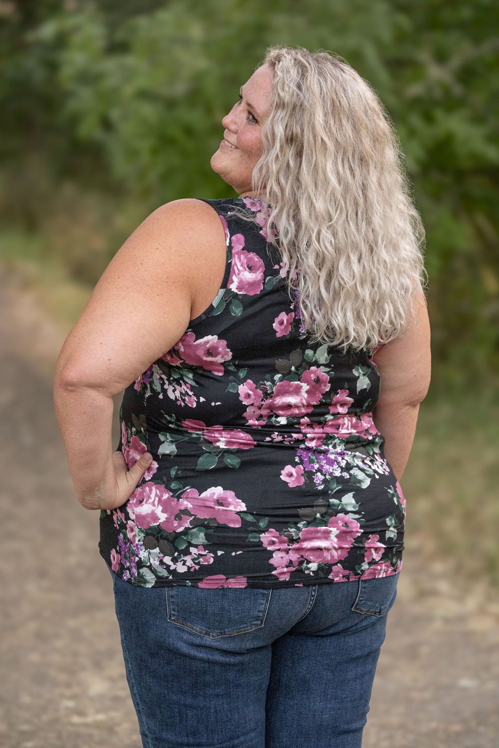 Luxe Crew Tank - Black and Mauve Floral