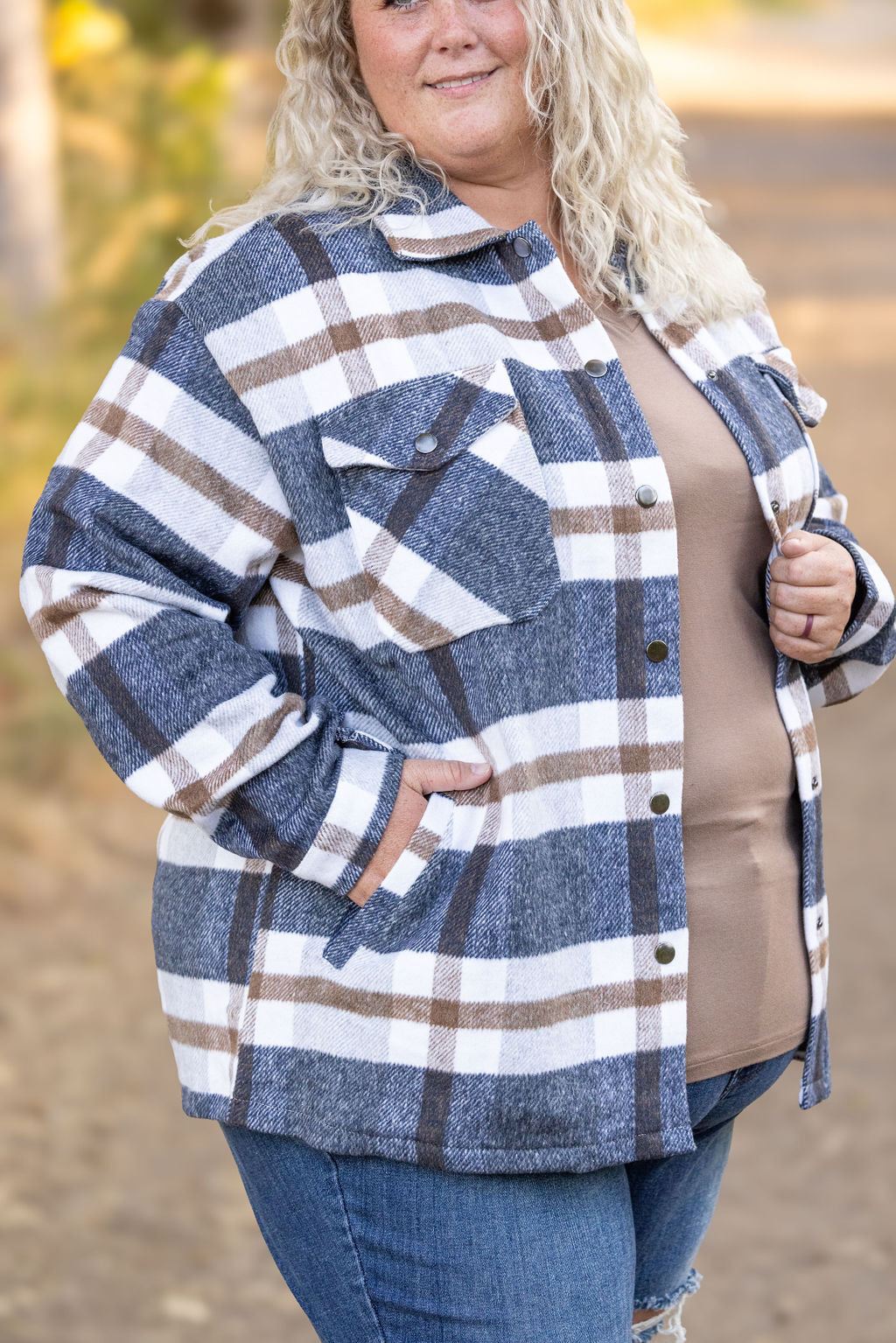 Norah Plaid Shacket - Navy and Tan