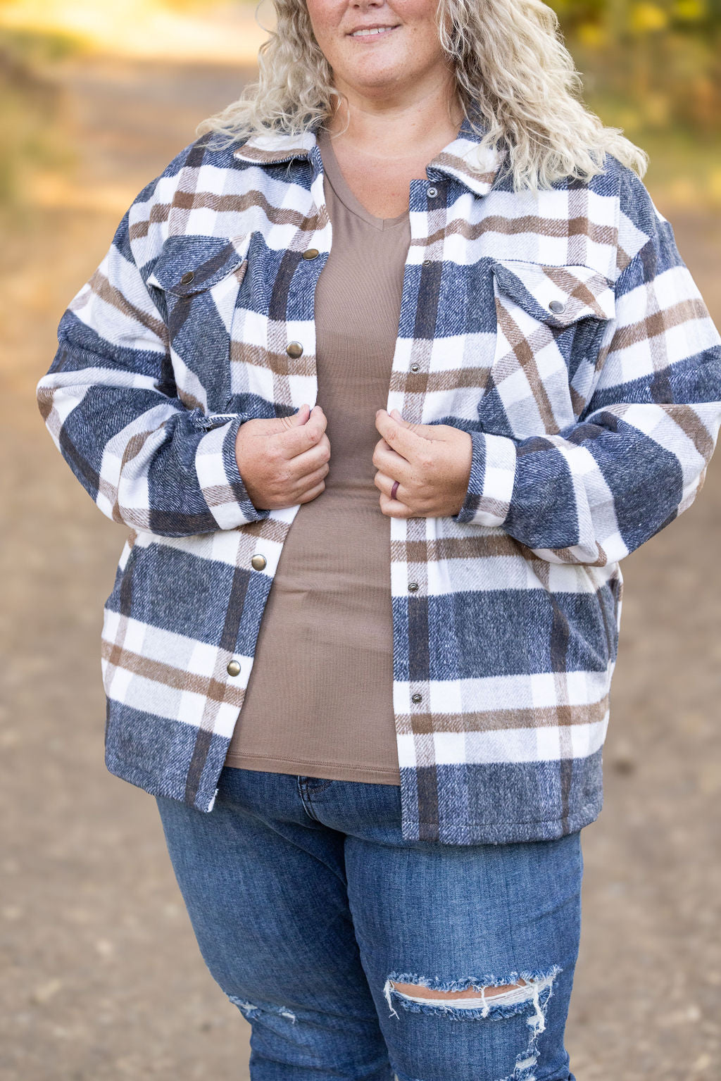 Norah Plaid Shacket - Navy and Tan