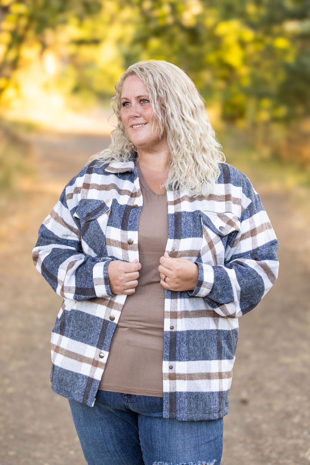 Norah Plaid Shacket - Navy and Tan