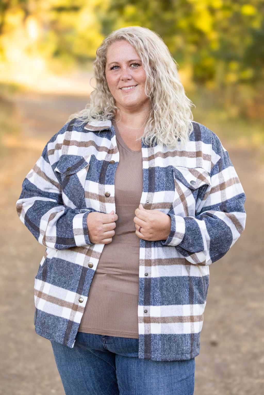 Norah Plaid Shacket - Navy and Tan