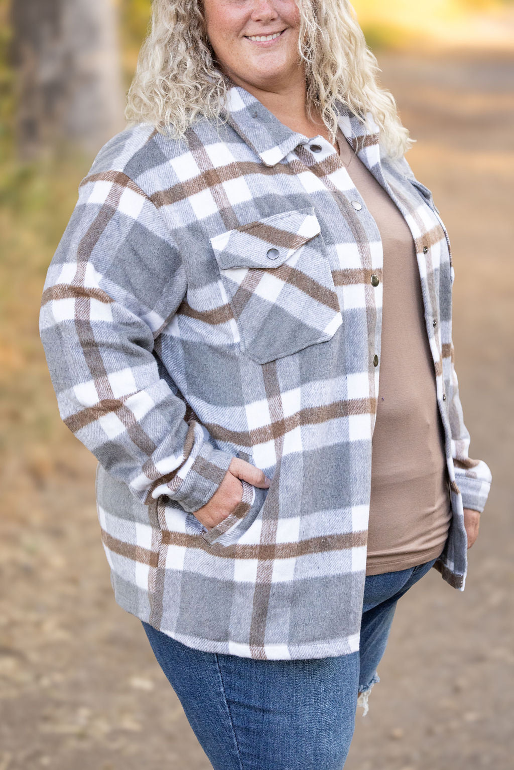 Norah Plaid Shacket - Grey and Tan