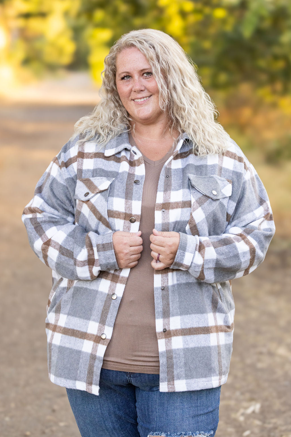 Norah Plaid Shacket - Grey and Tan