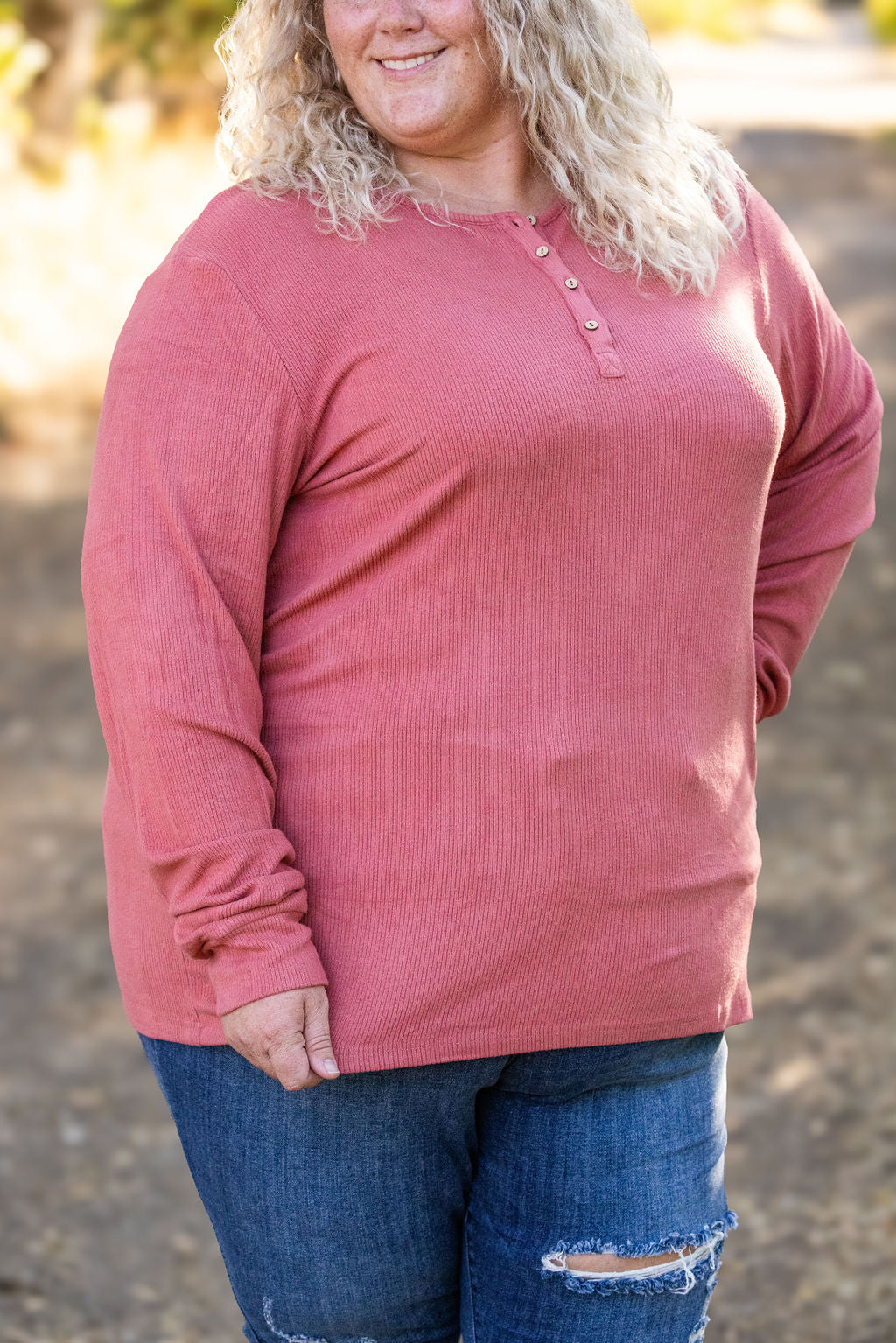 Brielle Henley Ribbed Long Sleeve - Terra Cotta