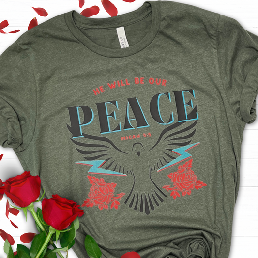 He will be our PEACE Graphic Tee in Military Green