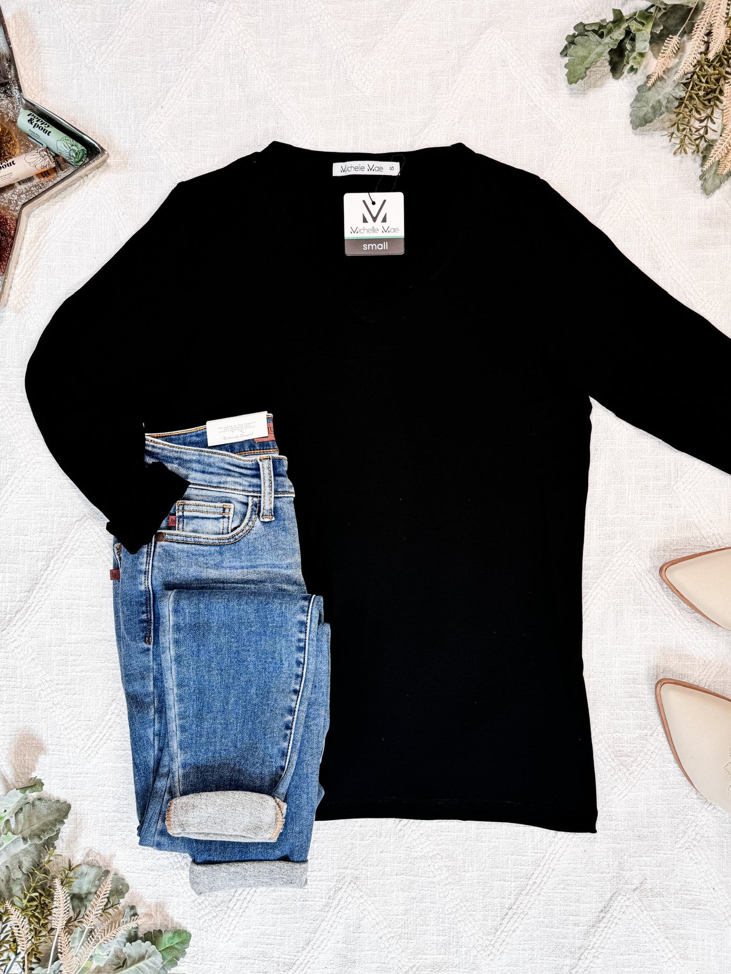 Larissa Long Sleeve Top in Black | Classic V-Neck Long Sleeve