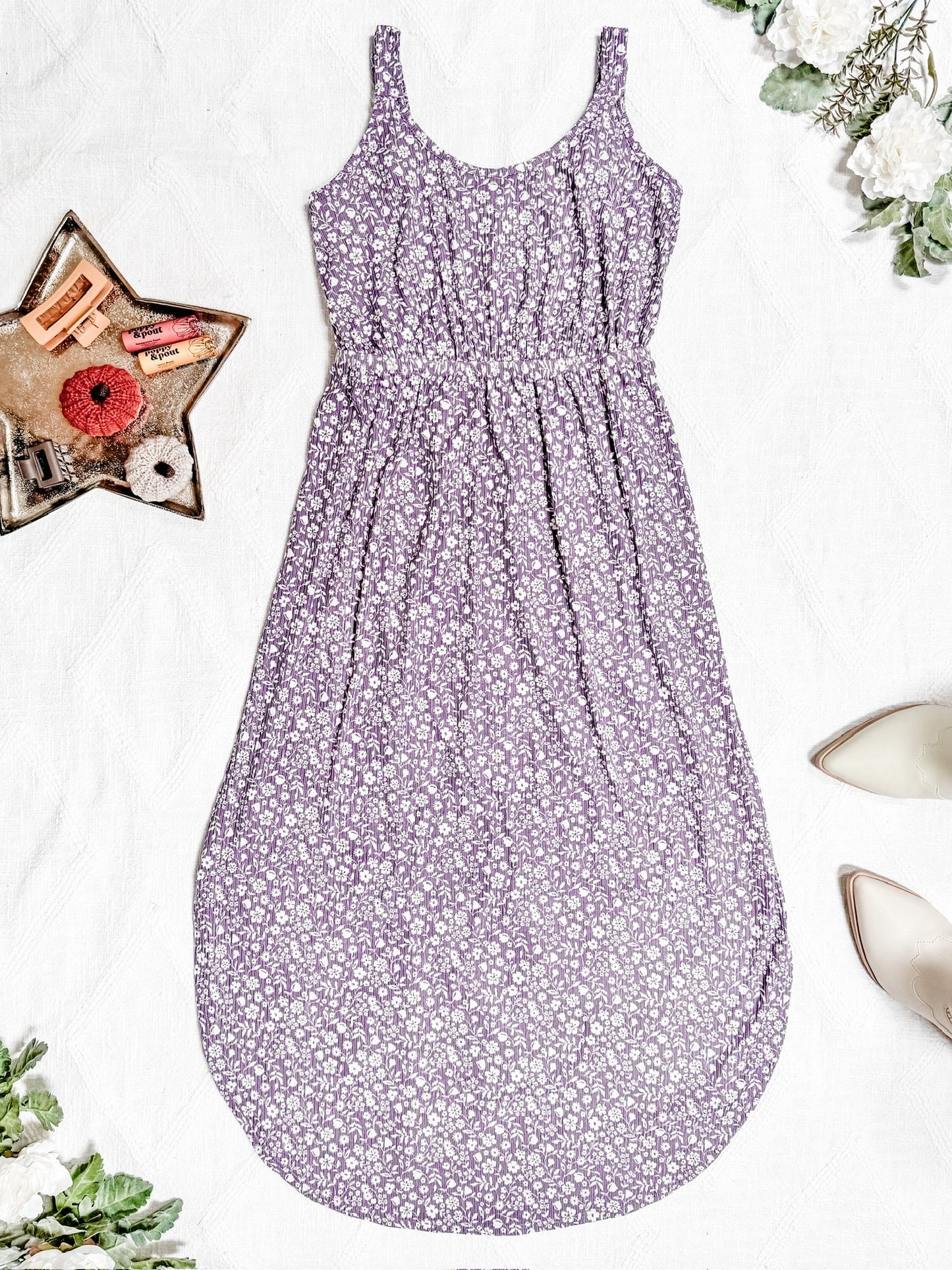 Reagan Ribbed Midi Dress - Lavender Floral