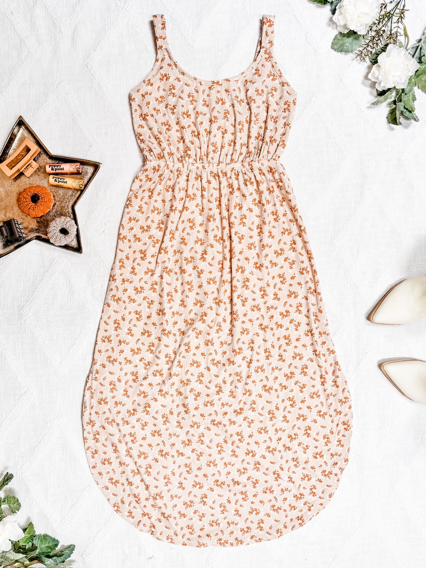 Reagan Ribbed Midi Dress - Sand and Rust Floral