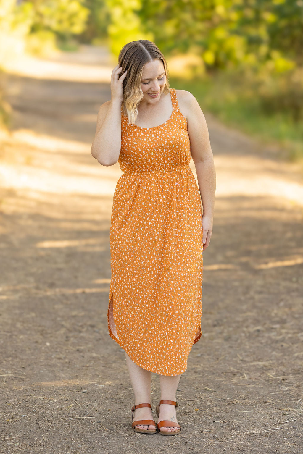 Reagan Ribbed Midi Dress - Pumpkin Floral