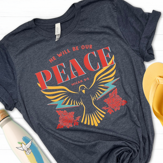 He will be our PEACE Graphic Tee in Heather Navy
