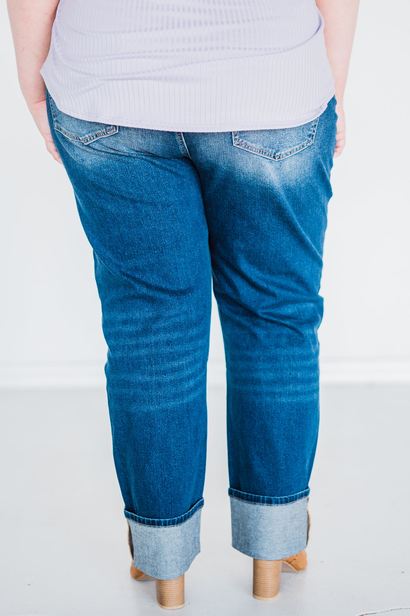 Non-distressed Cuffed Boyfriend Jeans in Dark Wash