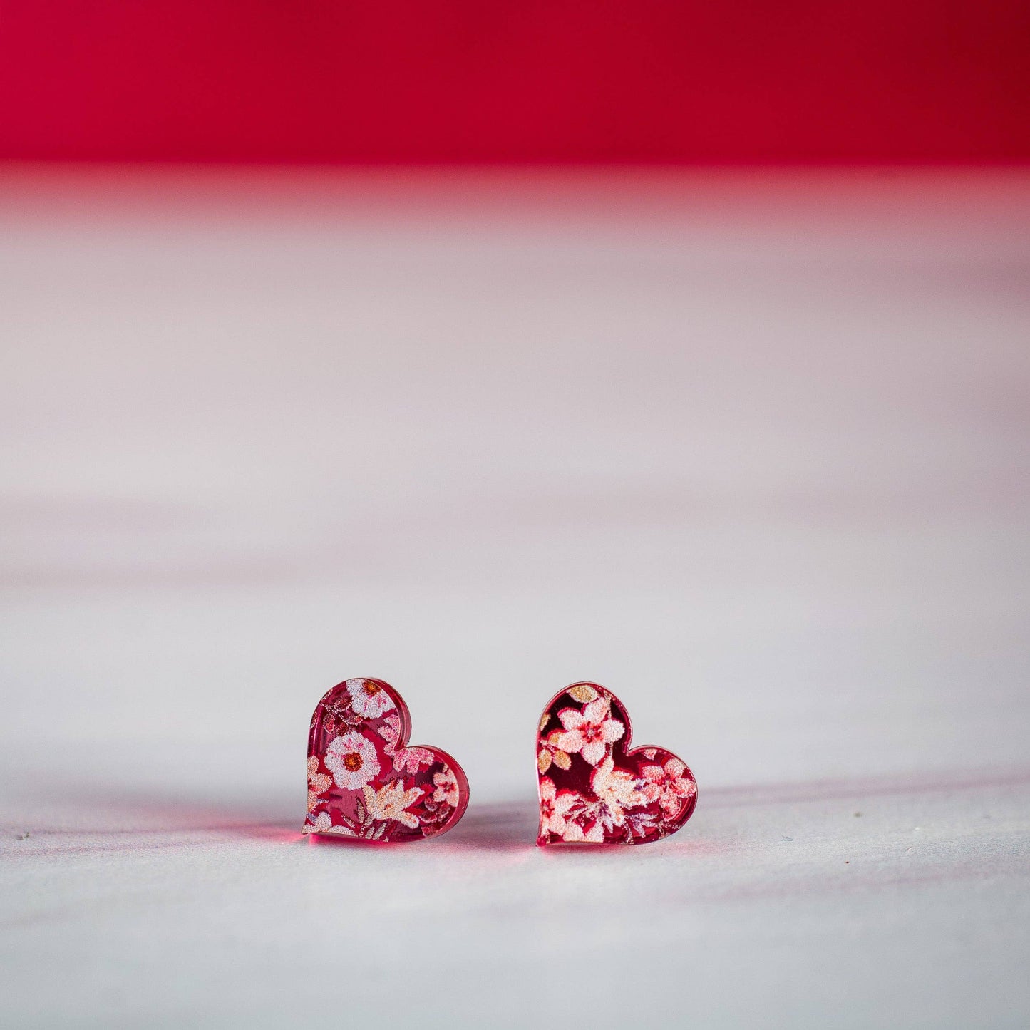 Pink Mirror Floral Heart Studs - Valentine Earrings