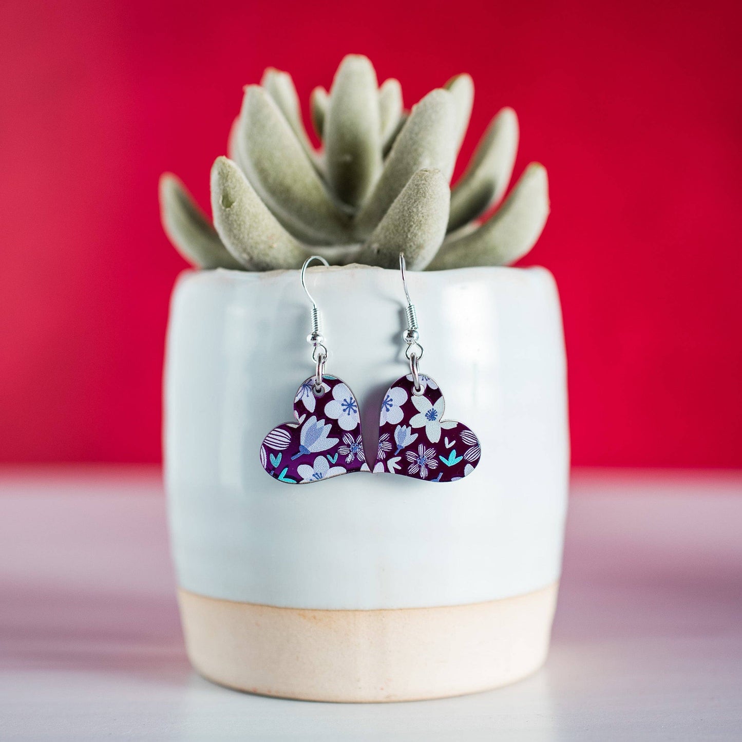 Purple Mirror Floral Petite Heart Dangles Valentine Earrings