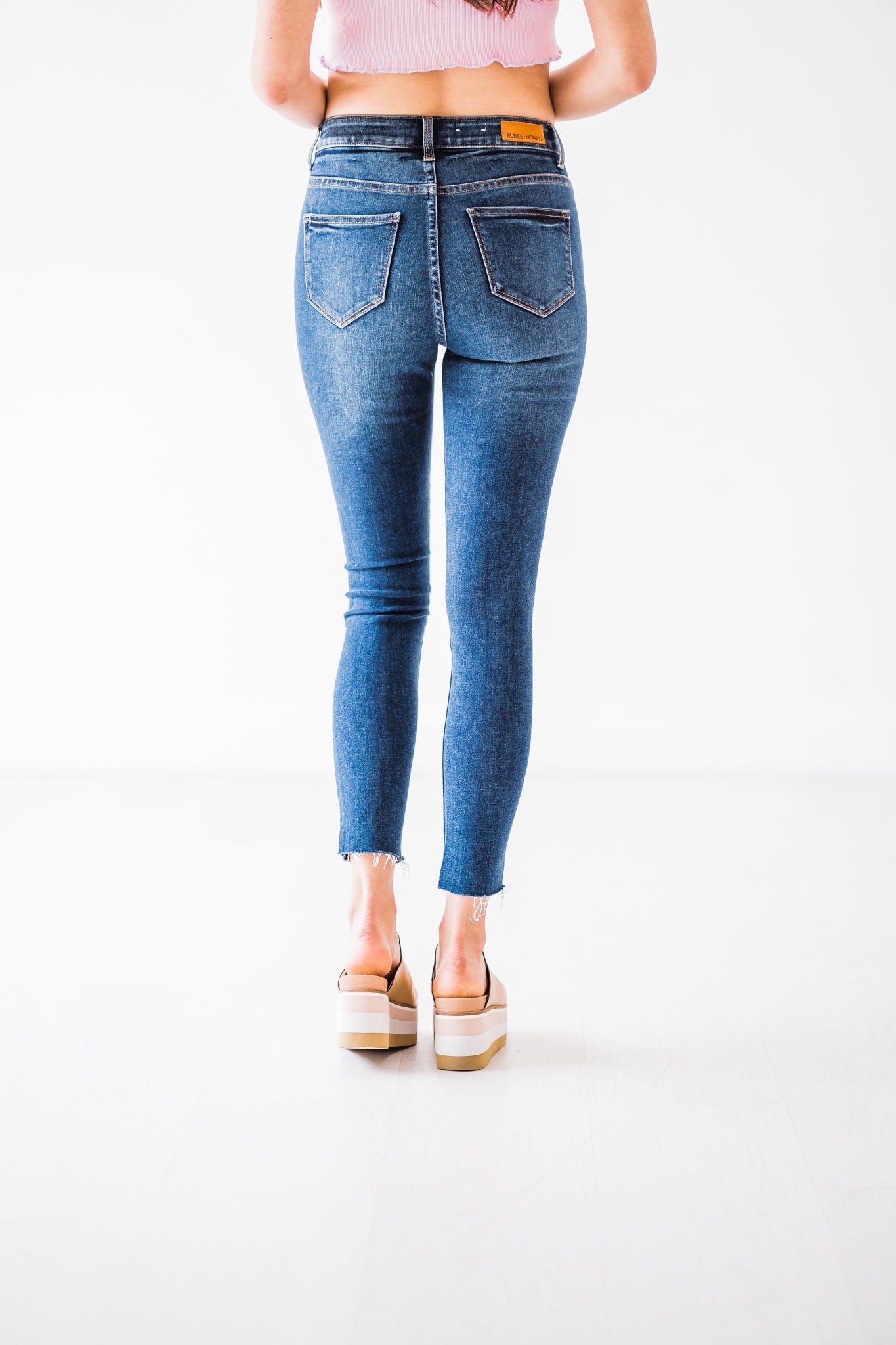 Rubies + Honey Mid-Rise Ankle Minimal Distressed Skinny Jeans - Dark Wash