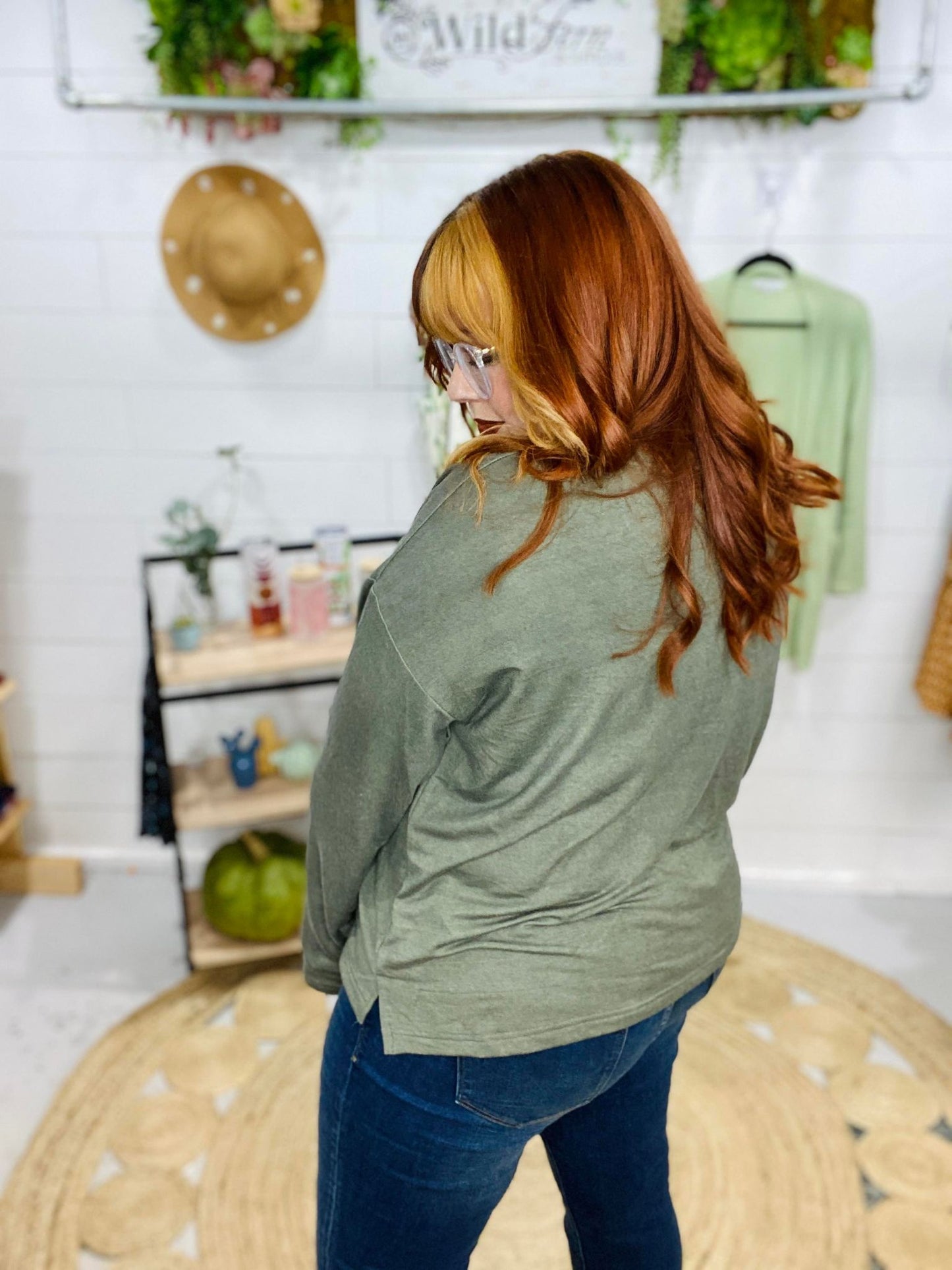 Ana Long-Sleeve Relaxed French Terry Women's Top in Olive