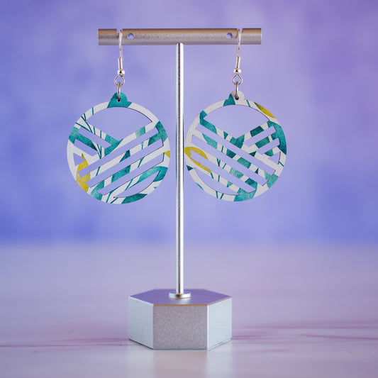 Blue Leaf Striped Geometric Circle Dangle Earrings