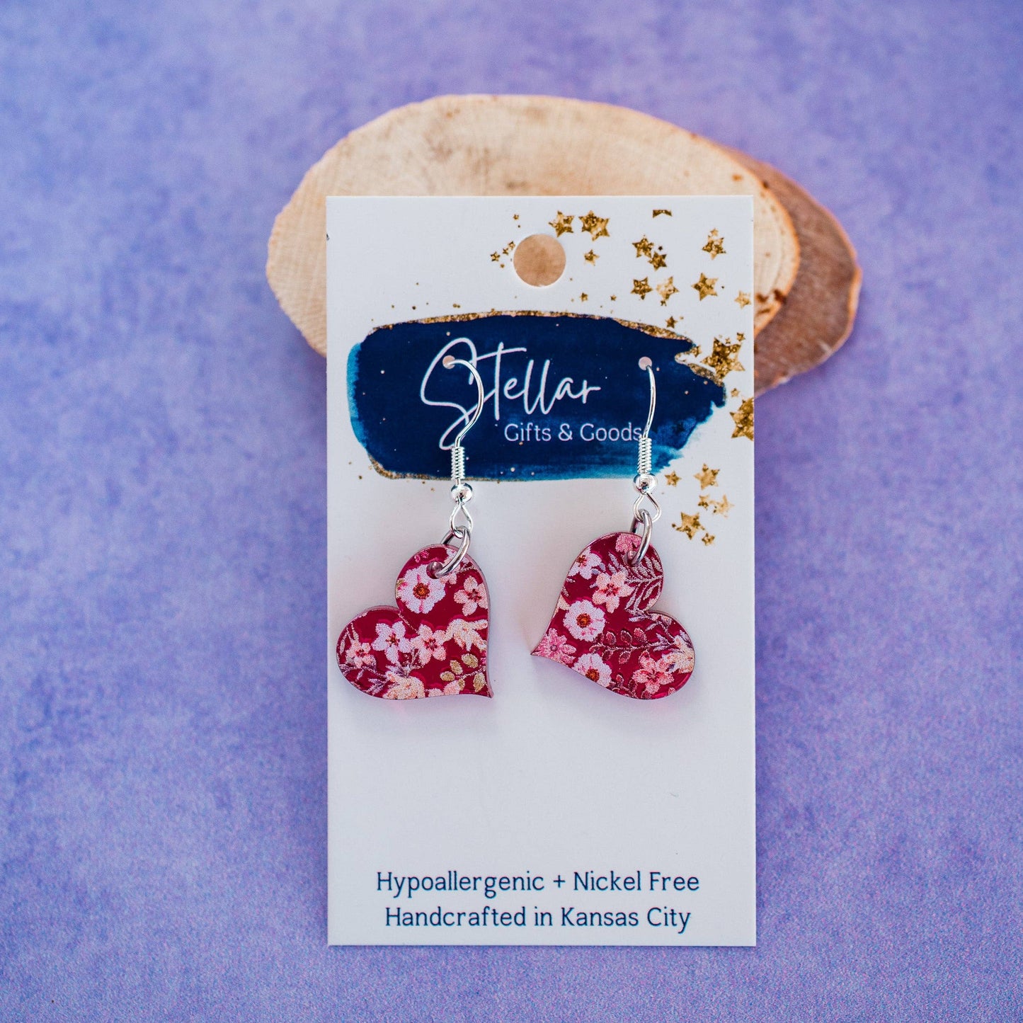 Pink Mirror Floral Petite Heart Dangles - Valentine Earrings